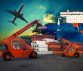 Ship yard logistic by land transport and air plane use for tran Royalty Free Stock Photo