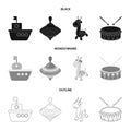 Ship, yule, giraffe, drum.Toys set collection icons in black,monochrome,outline style vector symbol stock illustration