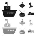 Ship, yule, giraffe, drum.Toys set collection icons in black,monochrome style vector symbol stock illustration web.