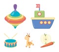 Ship, yule, giraffe, drum.Toys set collection icons in cartoon style vector symbol stock illustration web.