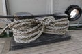Shipboard bitts aboard a ship. secure mooring lines