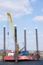 Shipbuilding crane construction large ship vessel at dock port Royalty Free Stock Photo