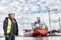 Shipbuilding engineer at the dockside in a port.