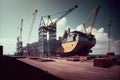 shipbuilding facility, with cranes and ships in various stages of construction