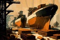 shipbuilding facility, with ships of various sizes and types in different stages of construction