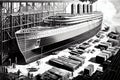 shipbuilding factory, with dozens of workers building luxury passenger liner