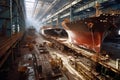shipbuilding factory, with numerous workers and advanced machinery, building new vessels and ships