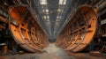 Shipbuilding Process in an Industrial Hall Showcasing a Giant Hull Structure Under Construction Generative AI Royalty Free Stock Photo