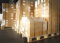 Shipment boxes. cargo export. Stacked of cardboard boxes on pallet rack at the warehouse storage. warehouse logistics. Royalty Free Stock Photo