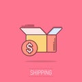 Shipping box with dollar icon in comic style. Container cartoon vector illustration on isolated background. Cardboard package Royalty Free Stock Photo