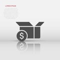 Shipping box with dollar icon in flat style. Container vector illustration on white isolated background. Cardboard package Royalty Free Stock Photo