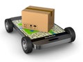 Shipping cargo box with wheel and phone on white background. Iso