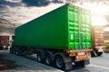 Shipping cargo Container, Semi Trailer Trucks Driving on The Road with The Sunset Sky. Freight Trucks Logistics Royalty Free Stock Photo