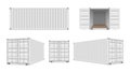 Shipping cargo containers with open, closed doors realistic set. Large intermodal steel freight boxes.