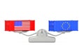 Shipping Concept. Shipping Containers with USA and European Union Flags Balancing on a Simple Weighting Scale. 3d Rendering Royalty Free Stock Photo