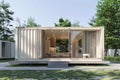 Shipping container home. Minimalist small home created from repurposed shipping container with sustainable design. Compact living