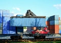 Shipping container loading by richtracker at International ship logistic terminal. Cargo sea containers in warehouse port. Royalty Free Stock Photo