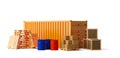 Shipping container, pallets, wooden crates, barrels and cardboard boxes compilation over white background, freight, transportation