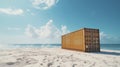 A shipping container stands alone on a deserted beach representing the impact of container shortages on isolated regions