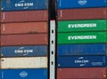 Shipping containers of CMA CGM, Evergreen and Cosco Royalty Free Stock Photo