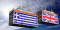 Shipping containers with flags of Greece and United Kingdom