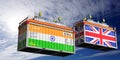 Shipping containers with flags of India and United Kingdom