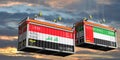 Shipping containers with flags of Iraq and United Arab Emirates