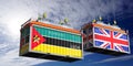 Shipping containers with flags of Mozambique and United Kingdom