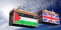 Shipping containers with flags of Palestine and United Kingdom