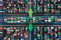 Shipping containers with green arrow up, increased transportation volumes