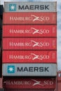 Shipping containers of Hamburg Sud and Maersk Royalty Free Stock Photo