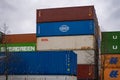 Shipping containers largest shipping and transportation companies stacked in port, COSCO, OOCL, Evergreen, Logistics and supply