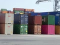 Shipping containers stacked at a terminal in the maritime Port of Le Havre, France, Europe