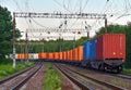 Shipping containers of ZIH Zhengzhou International Hub transportation on cargo train by railway. China-Europe freight trains. Royalty Free Stock Photo