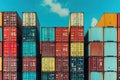 Shipping dock with stacked cargo containers against a blue sky, global trade and logistics efficiency. Royalty Free Stock Photo