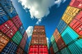 Shipping dock with stacked cargo containers against a blue sky, global trade and logistics efficiency. Royalty Free Stock Photo
