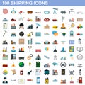 100 shipping icons set, flat style