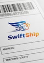 Shipping label design featuring a stylized logo for \
