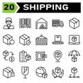 Shipping and logistic icon set include man, delivery, holding, service, courier, customer, bar code, tracking, order, bar, code,