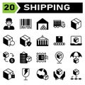 Shipping and logistic icon set include man, delivery, holding, service, courier, customer, bar code, tracking, order, bar, code,