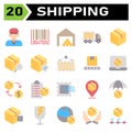 Shipping and logistic icon set include man, delivery, holding, service, courier, customer, bar code, tracking, order, bar, code,