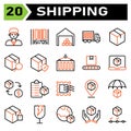 Shipping and logistic icon set include man, delivery, holding, service, courier, customer, bar code, tracking, order, bar, code,