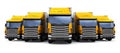 Shipping, logistics and delivery business commercial concept: 3D render illustration of the row of yellow cargo trailer rucks