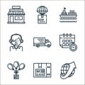 shipping logistics line icons. linear set. quality vector line set such as worldwide shipping, label, gift, on time, delivery