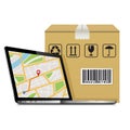 Shipping parcel GPS tracking order design. Laptop with GPS map on screen and shipping cardboard box.