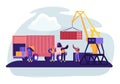 Shipping Port with Harbor Crane Loading Containers to Marine Freight Boat. Seaport Workers Carry Boxes from Truck in Docks Royalty Free Stock Photo