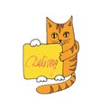 Shipping. the red cat holds a pink yellow with the inscription Delivery. graphic Royalty Free Stock Photo