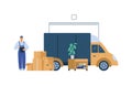 Shipping service loaders or porters loading furniture, flat vector isolated.