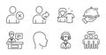 Shipping support, Delete user and Restaurant food icons set. Head, Employees group and Exhibitors signs. Vector