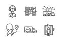 Shipping support, Parking place and Airplane icons set. Truck delivery, Truck transport and Elevator signs. Vector